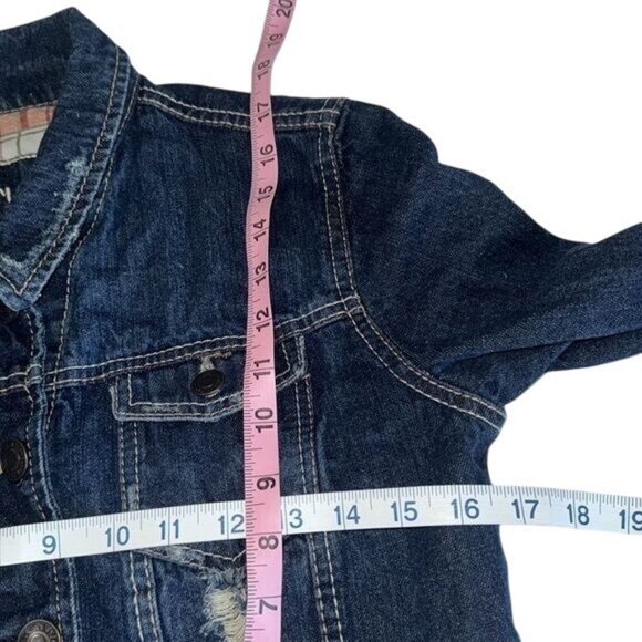 Rue21 Distressed Medium Wash Denim Jacket L/S Rip Torn Style Plaid Lining Size M - Picture 10 of 10